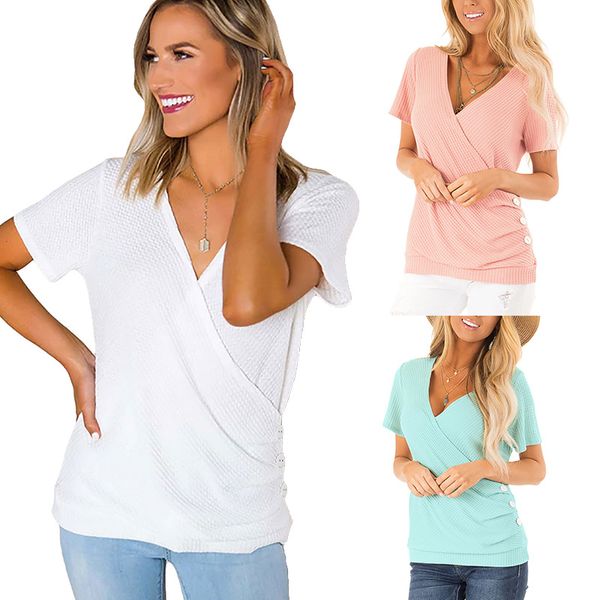 

женские милые летние сексуальные повседневные туники с коротким рукавом с v-образным вырезом рубашки свободные блузки на пуговицах футболки, White