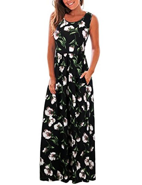 

finmye women's sleeveless floral beach dress maxi long dresses with pockets, Black;gray