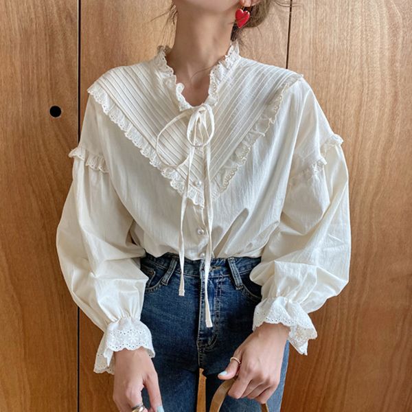 

2019 autumn new korean vintage pleated patchwork lace up button up lantern sleeve shirt plus size women blouse women shirts, White