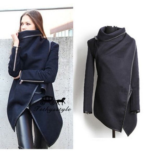 

sales 2018 autumn and winter new sheath slim full woman long coat solid pockets turtleneck zippers covered button coat, Black