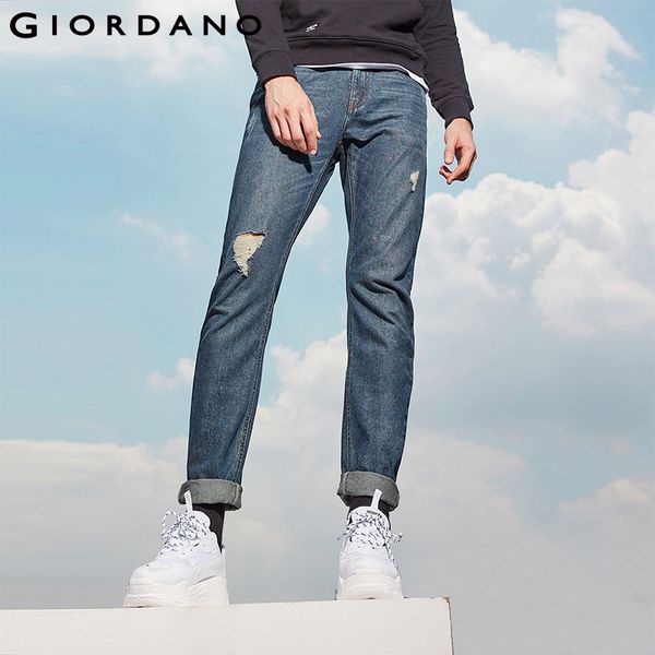 

giordano men jeans distressed fashion denim jeans men slim fit denim pants for calca masculina pantalones hombre, Blue