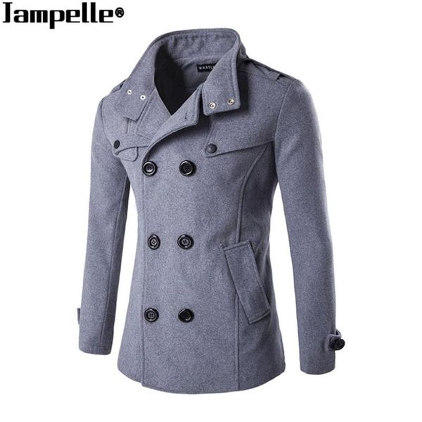 

2017 new autumn winter men's woolen coat double-breasted zipper design business man woolen cloth warmth overcoat windbreaker, Black