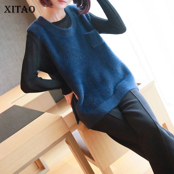 

xitao] women 2019 spring summer new fashion o-neck sleeveless loose female solid color pocket pullover knitted vest wbb2627, Black;white