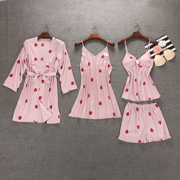 

4 pieces ladies silk satin robe & gown & pajama set strawberry cute sleepwear set summer nightwear for women, Blue;gray