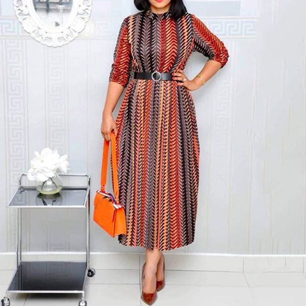 

women elegant office dress for ladies 2019 plus size summer casual stripe print a line vintage african fashion long dress maxi, Black;gray