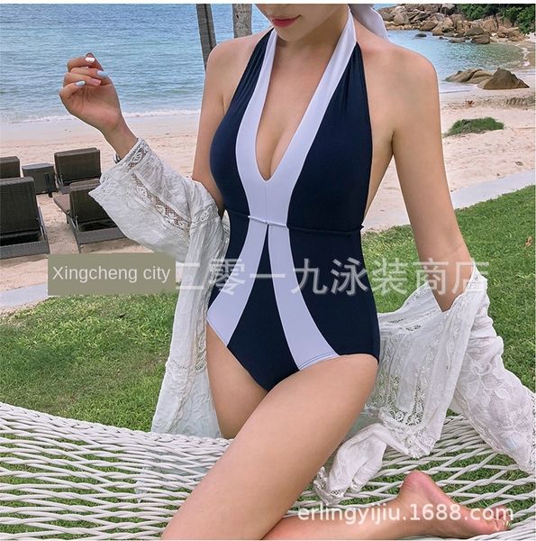 

u5yqm 2019 blue and white contrast color slim v-neck one-piece female 2019 swimsuit blue and white contrast color slim v-neck one, White;black