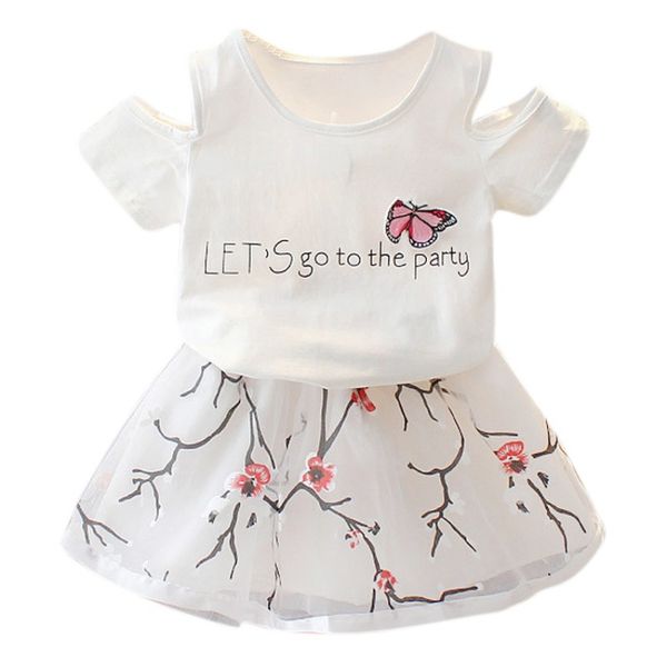 

cute girls clothes party suit girls clothing sets 2019 summer cotton letter print t-shirt+mini skirts children sets casual, White