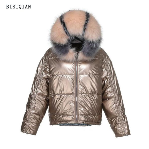 

bisiqian oversized puffer jacket hooded cotton padded winter warm silver glossy women's jacket down parkas mujer 2019, Black