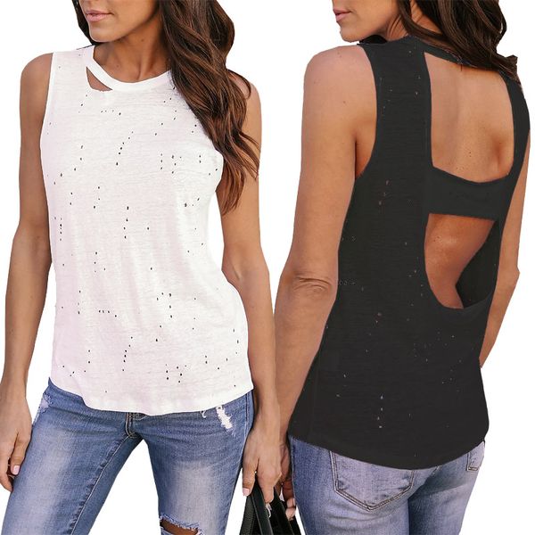 

women hole tank streetwear casual round neck sleeveless t-shirt summer blackless vest tee, White