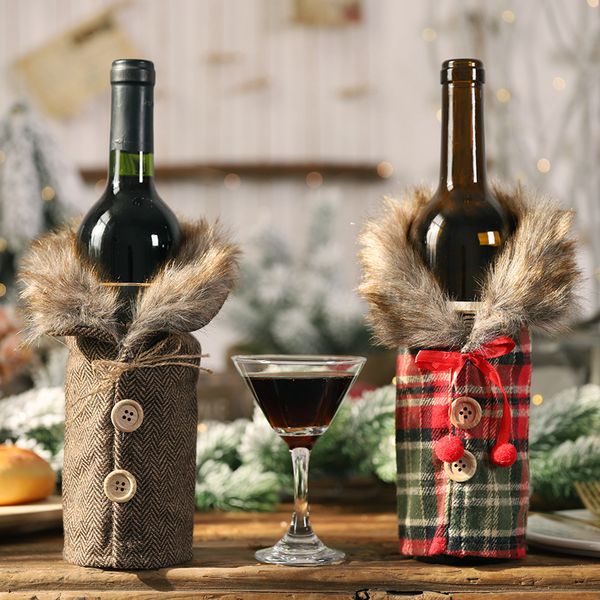 Christmas Wine Bottle Decoration Table Button Plaid Skirt