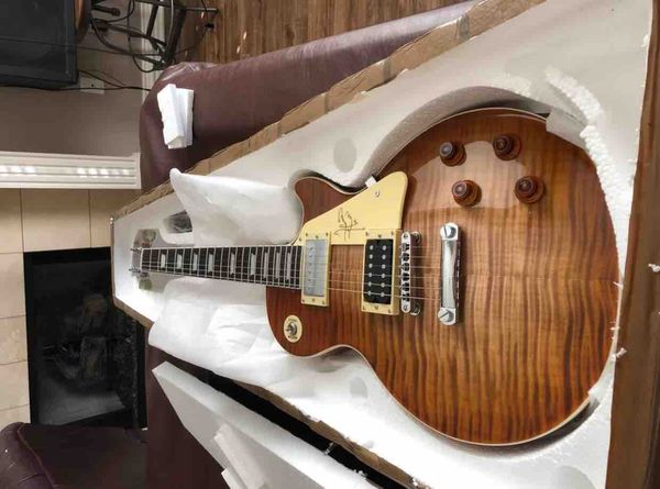 

custom shop 1959 r9 vos light brown tobacco sunburst jimmy page no. 1 electric guitar tiger flame maple cream pickguard, grover tuners