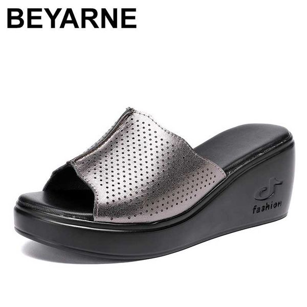 

beyarne 2020 woman platform flip flops new summer women genuine leather slipper high heel shoes women slippers big size, Black