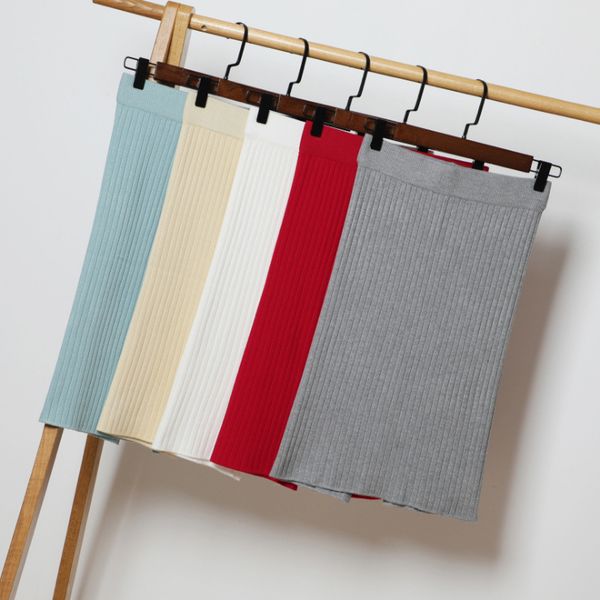 

queechalle autumn skirt women's empire split elastic stripe knitted skirts knee-length bodycon skirt female office black