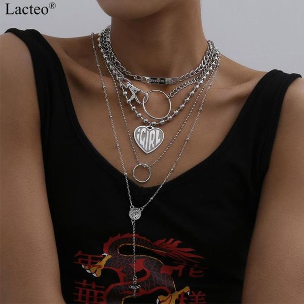 

lacteo 5шт / компл neo gothic big girl love heart ожерелье street punk двойной крест шариков цепи длинные ожерелья чокеровщика, Silver