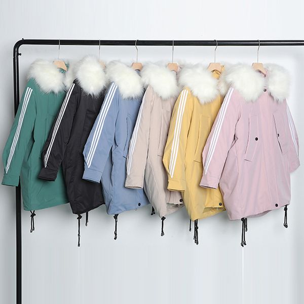 

2019 big fur hooded stripe thick warm coat six colors down cotton padded jacket female long parka womens wadded jaqueta feminina, Black