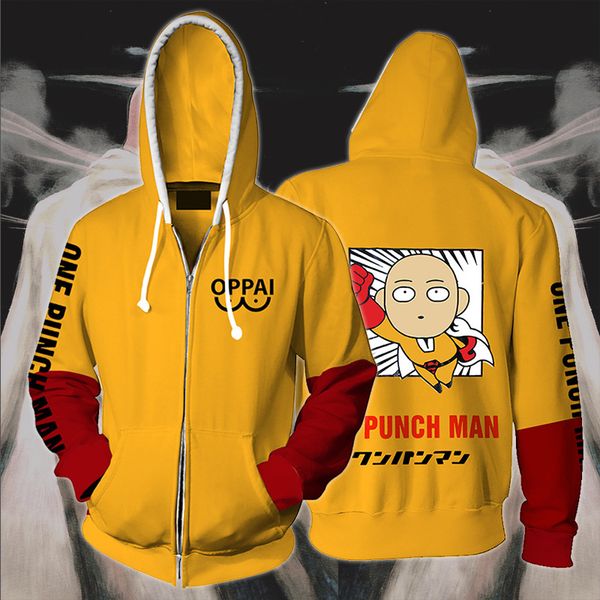 

anime one punch-man saitama peripheral 3d printing hoody hoodie zipper men male cosplay costume coat, Black