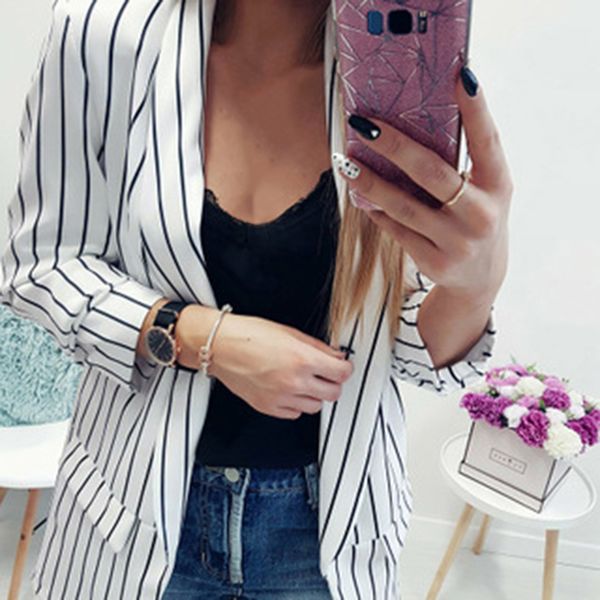 

new blazer women stripe suits cardigan long sleeve women blazers and jackets autumn winter coats formal full polyester, White;black