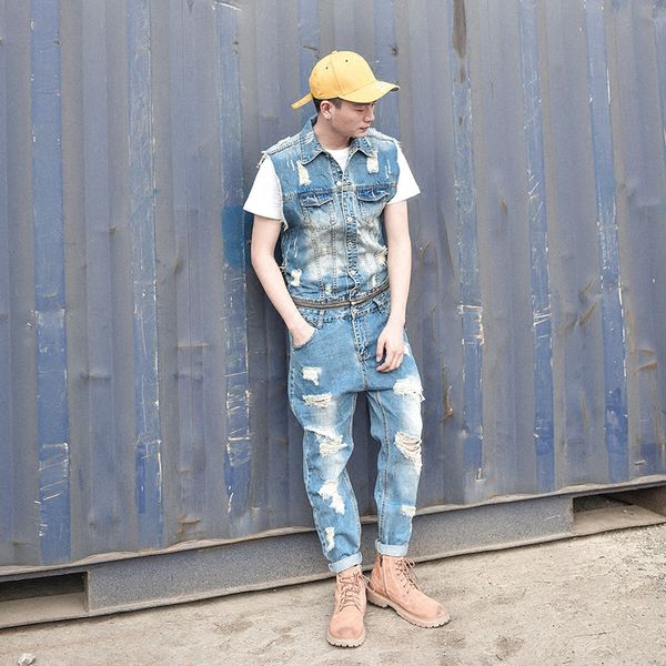 

2019 new fashion denim jumpsuit summer dress tide men's piece tooling hole nine pants men's clothing, Blue