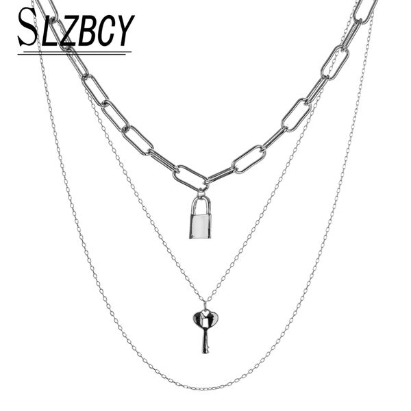

богемия замок ключ кулон ожерелья для женщин золото серебро цвет сплава многослойная цепь на шее с жемчугом панк ювелирные изделия, Silver