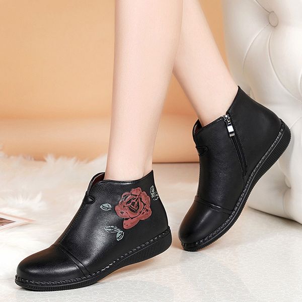 

winter boots women fashion winter women flat flower print zipper keep warm booties round toe shoes botas mujer #ew, Black