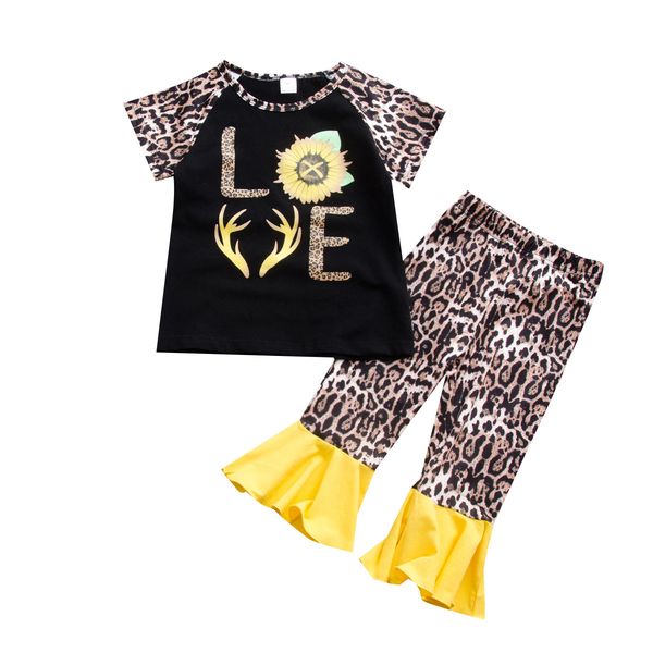 2Pcs Toddler Kids Baby Girl Leopard Clothes T-shirt Tops+Flare Pants Outfits Set