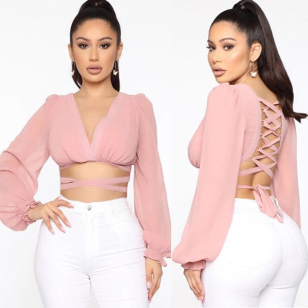 

women's summer & tees v neck bandage and holow out fashion lady's t-shirt three colours, White