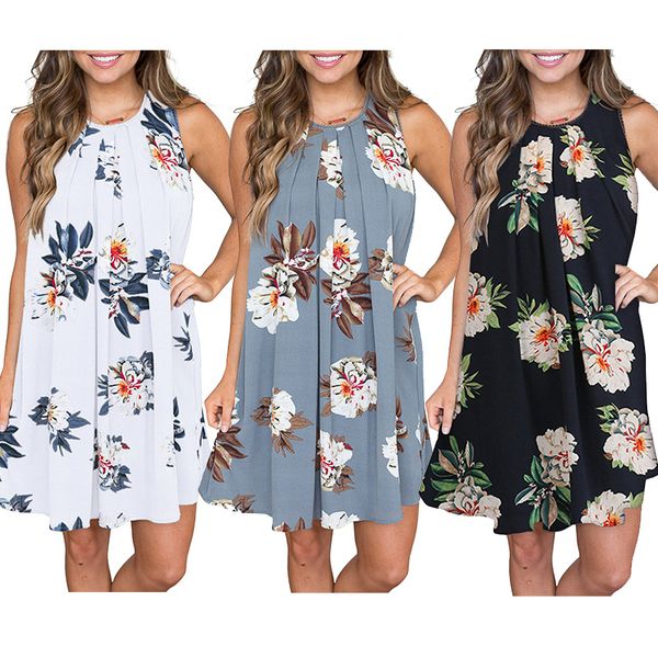

2019 women's summer sleeveless floral print pleated a-line casual mini tank short dress size s-xl, White;black