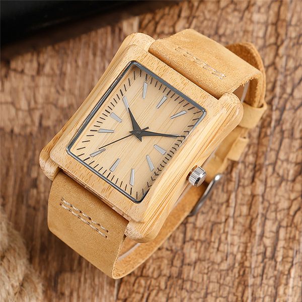 

wood rectangle band light creative natural handmade watch bamboo fashion men's gift quartz wristwatch leather casual dial tuduh, Slivery;brown