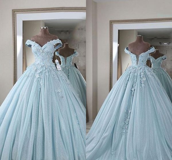 

romantic light blue 3d flowers applique ball gown quinceanera prom dresses off the shoulder with sleeves tulle sweet 16 formal dress, Blue;red