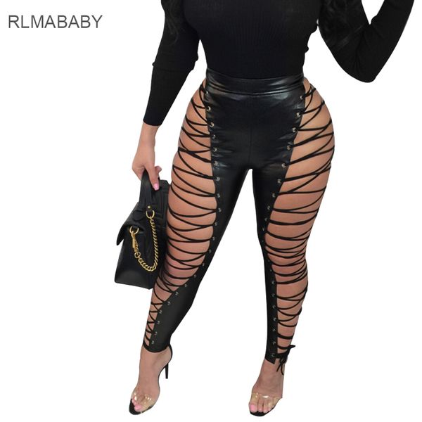 

rlmababy faux leather bodycon lace up pants high waist bandage capris leggings women trousers club eyelets hole pu pencil pants, Black;white