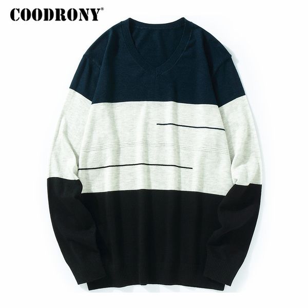 

coodrony cashmere sweater men clothes 2018 autumn winter soft warm wool sweaters casual striped v-neck knitted pullover men 8189, White;black