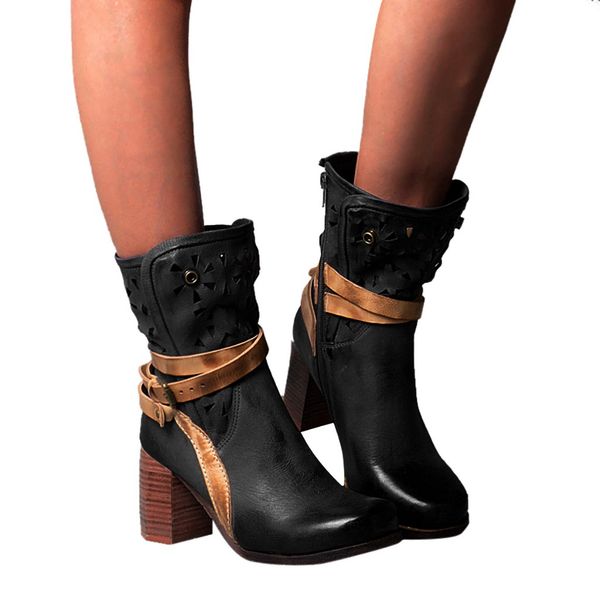 

youyedian high heels boots belt buckle shoes solid pointed toe rubber boots causual square heel rubber for women portfel, Black