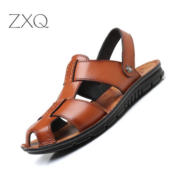 

zxq summer roman men sandals soft leather comfortable sneaker male beach elastic slippers native rubber sandals for men, Black