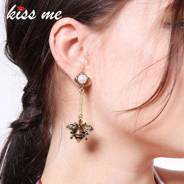 

kiss me rhinestone enamel bee dangle earrings silver gold color alloy vintage earrings for women fashion jewelry