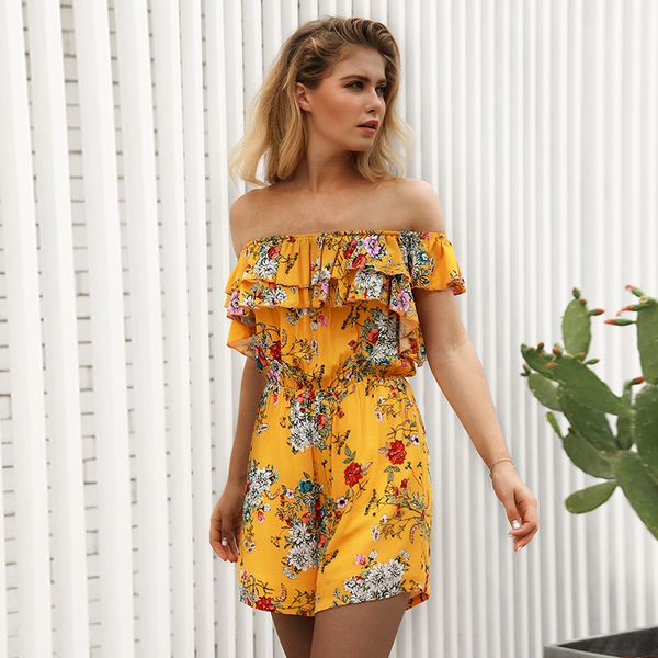 

tiered ruffles off shoulder boho jumpsuit rompers floral print beach high waist playsuit women 2019 summer boho jumpsuit, Black;white
