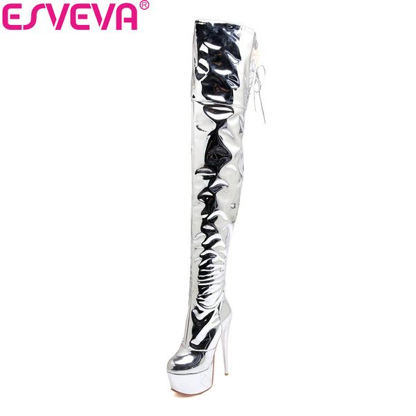 

esveva 2019 women boots over the knee boots winter shoes patent leather pointed toe thin high heels platform 5.5cm shoes 34-43, Black
