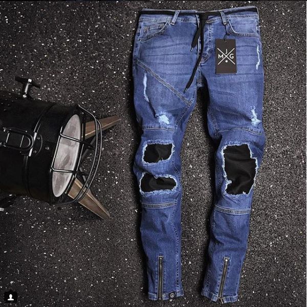

mens fashion denim blue jeans patched designer male rapper skateboard biker pencil jeans