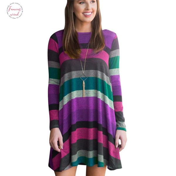 

2020 brand women long sleeved striped dresses spring winter female cotton clothing striped ladies slim round neck hedging dress, Black;gray