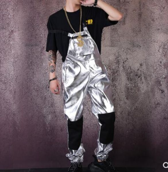 

2020 new men clothing fashion singer gd silver nightclub hip-hop jumpsuit loose overalls suspender trousers stage costumes, Black