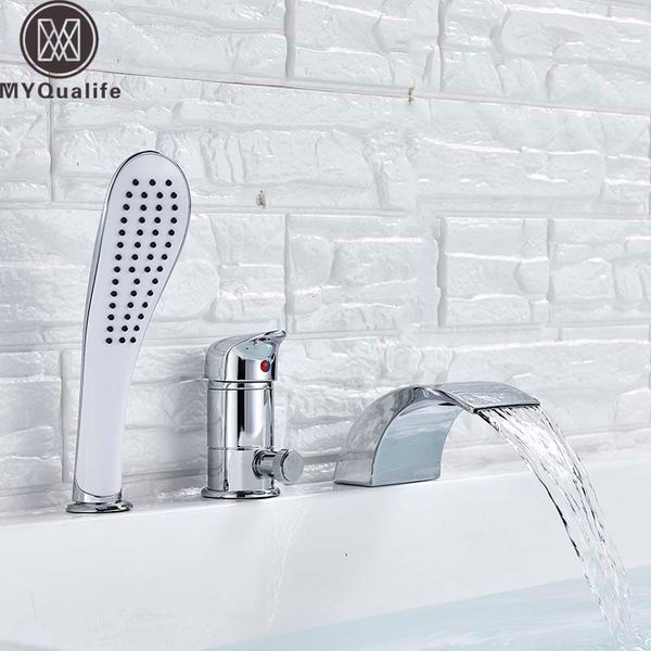 

bright chrome waterfall spout tub mixer faucet single handle deck mounted side bathtub faucet with pull out handshower