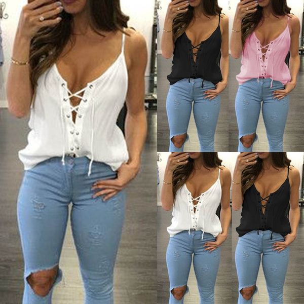 

female fashion bandage front tank women's strap v-neck sling vest ladies summer shirts camiseta lencera mujer, White