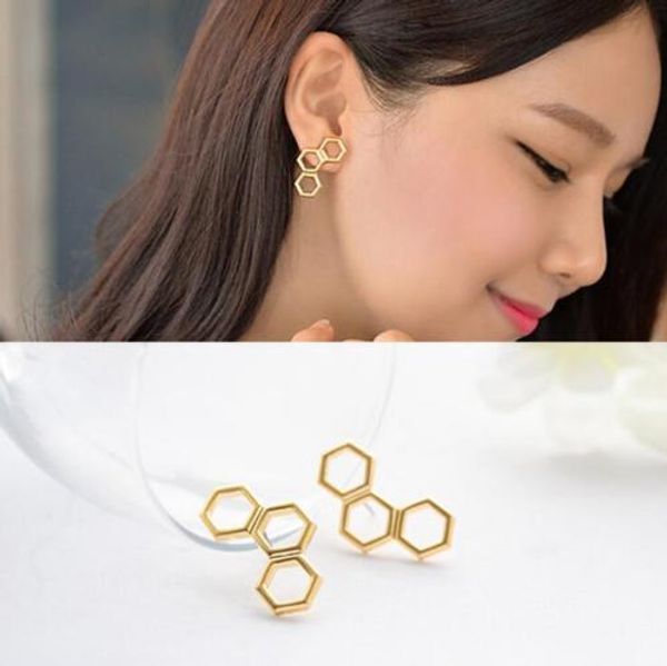 

fashion design women alloy gold silver beehive hexagon bee hive ear stud earrings jewelry sold new style, Golden;silver