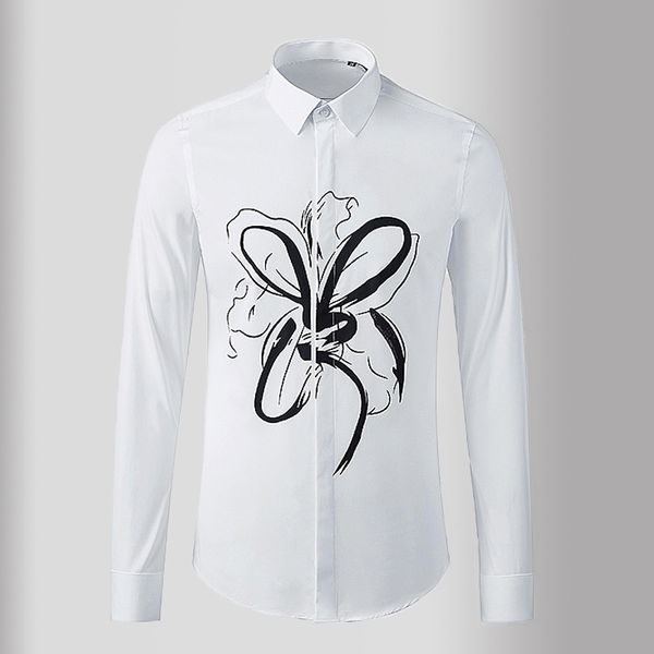 

minglu mens shirts luxury abstract lotus printed long sleeve casual mens dress shirts slim fit party man plus size 3xl, White;black