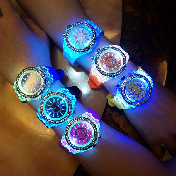 

luxury geneva led luminous watch diamond rhinestone night light wrist watches women men silicone gleamy quartz wristwatch led watch, Blue