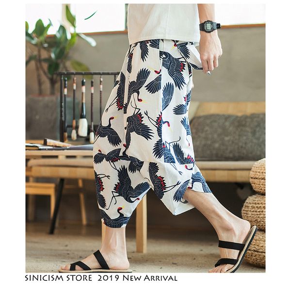 

sinicism store men casual calf-length pants summer 2019 mens oversize linen casual pants male chinese style print harem, Black