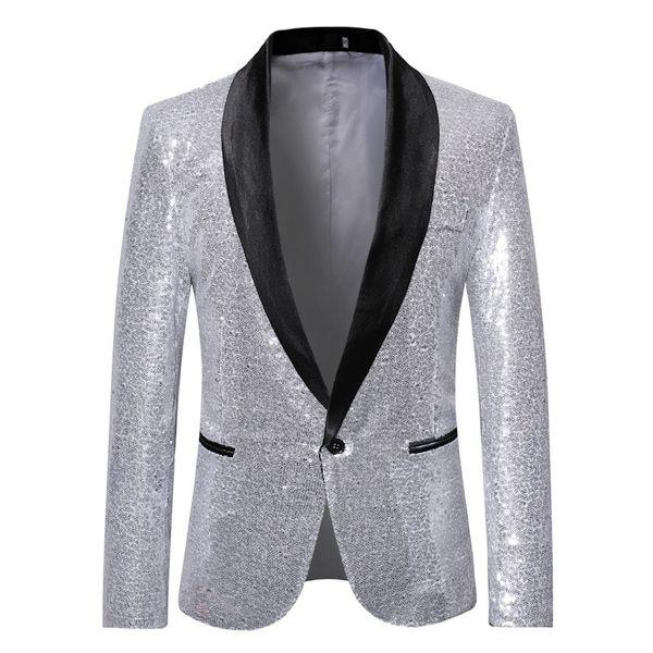

plus size fashion men silver sequins blazer shawl lapel party stylish suit blazer business wedding party outdoor jacket, Black