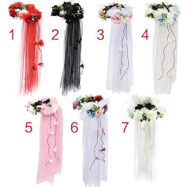 

womens bridal headwear garland tulle veil seaside holiday rainbow artificial flowers crown long vine ribbon hair wreath
