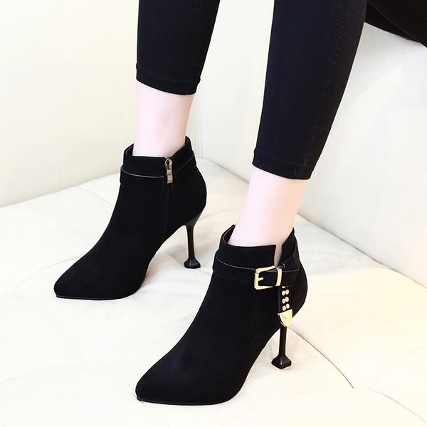 

women shoes autumn casual women pointed toe thin high heels pumps fashion black flock ankle boots ch-a0156