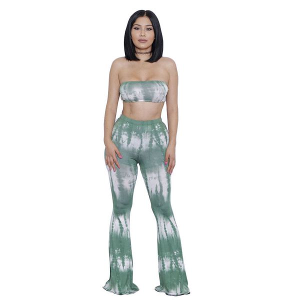 

women summer fashion tie dye sleeveless two-piece casual clothing set crop bell-bottom pants j3-1 xxl, White