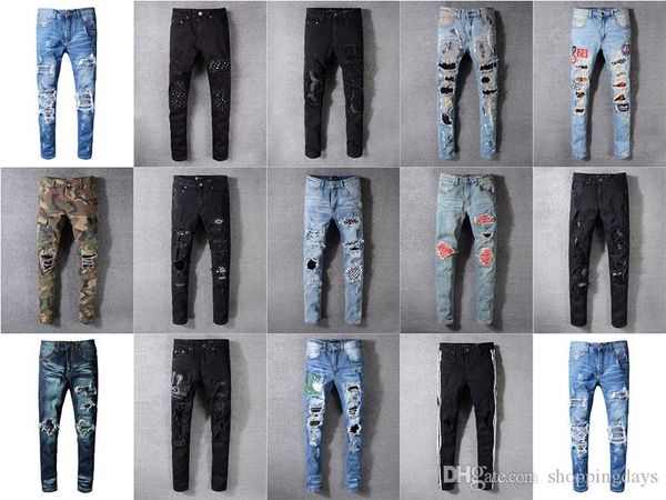 

22 designs brand ami jeans clothing designer pants off road panther black soldier mens slim denim straight biker hole hip hop jeans men, Blue